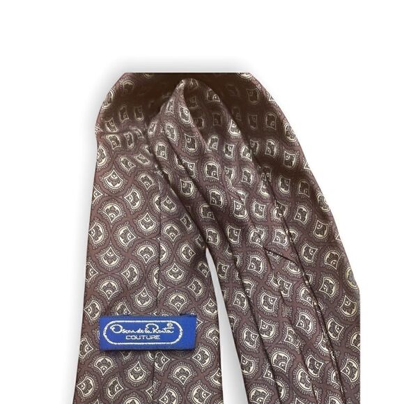 Oscar de la Renta Couture 100% silk tie brown tan pattern - Picture 7 of 8
